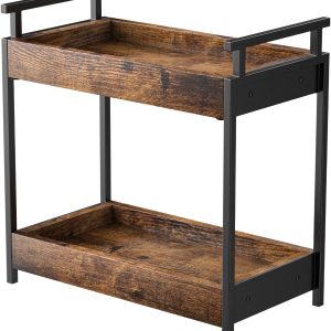 KLM Countertop Coffee Station Organizer, 2 Tier Wooden Shelf for Coffee Bar Accessories, Condiment Storage Caddy for Kitchen, Bathroom Counter Organizer, Home, Office - Brown