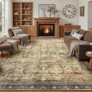 Washable Area Rugs 8x10 Vintage Brown, Large Indoor Rug for Living Room Bedroom, Traditional Farmhouse Carpet for Dining Room, Charcoal Olive